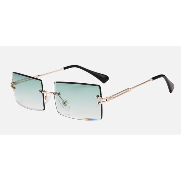 Unisex Rectangular Rimless Green|Blue Tinted  Gold Frame Fashion Sunglasses NEW - Picture 2 of 6